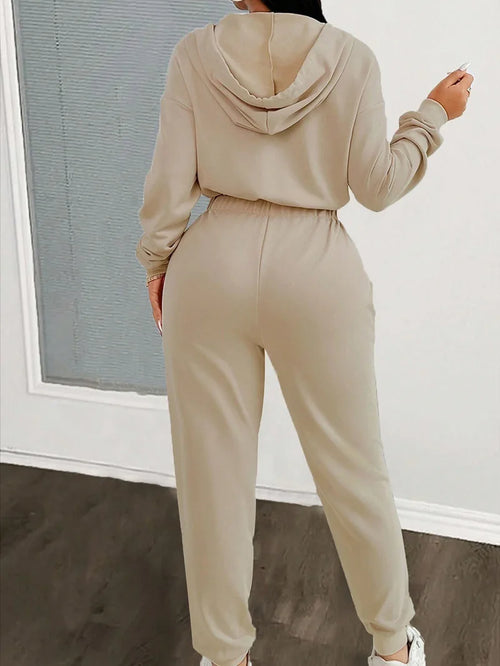 2026 Autumn And Winter New Women's Fashion Solid Color Drawstring Zipper Hooded Jumpsuit Casual Matching