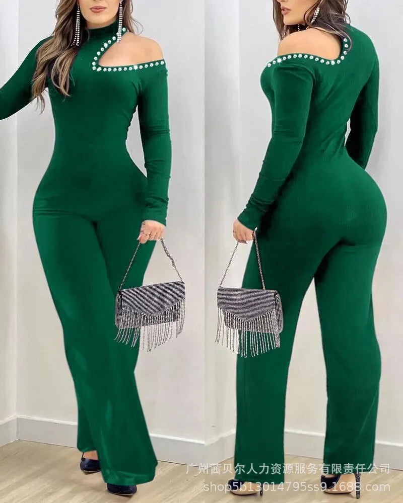 Women New Rhinestone Cold Shoulder High Neck Jumpsuit Long Sleeve Slim Fit Flared Jumpsuit - JN Fashion Fusion