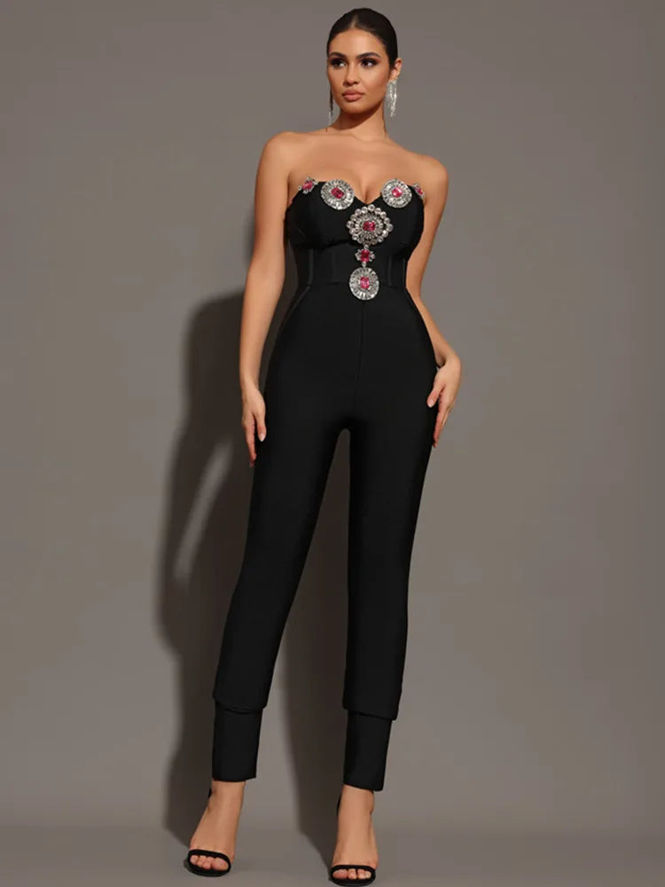 Women Summer Sexy Strapless Diamonds Beading Black Bodycon Bandage Jumpsuit 2024 Celebrity Designer High Street Rompers - JN Fashion Fusion