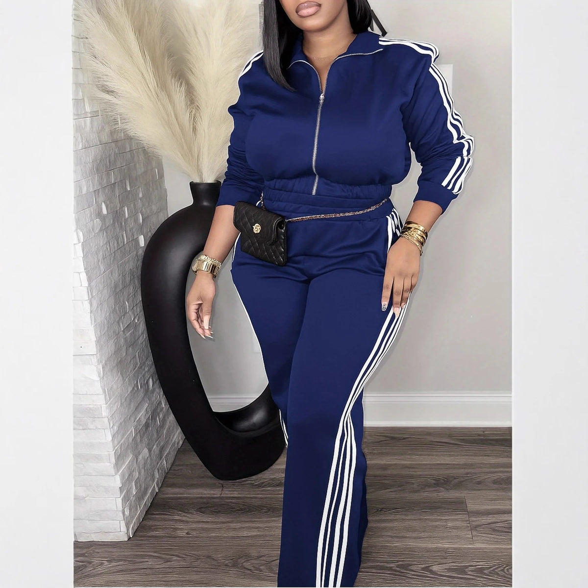 JN Fashion Fusion women's 2-piece stripe patchwork set with long sleeve crop top and matching pants, streetwear style.